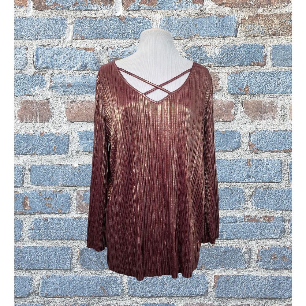 JM Collection Metallic Pleated Blouse Large – Bronze Shimmer